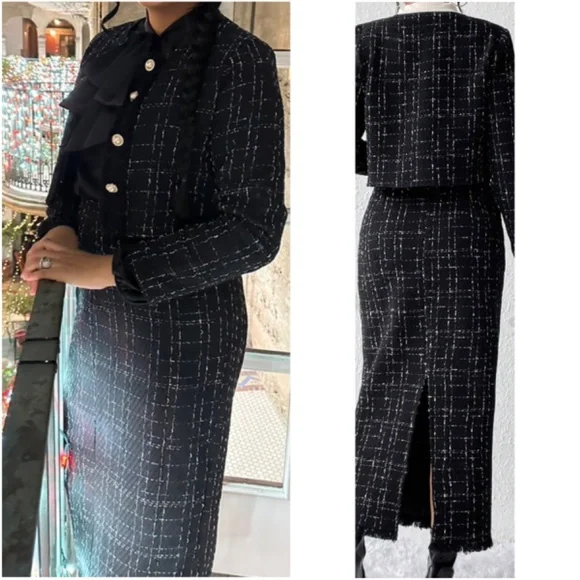 Classic Tweed Button Crop Jacket Midi Frayed Hem Skirt Set - Picture 2 of 10